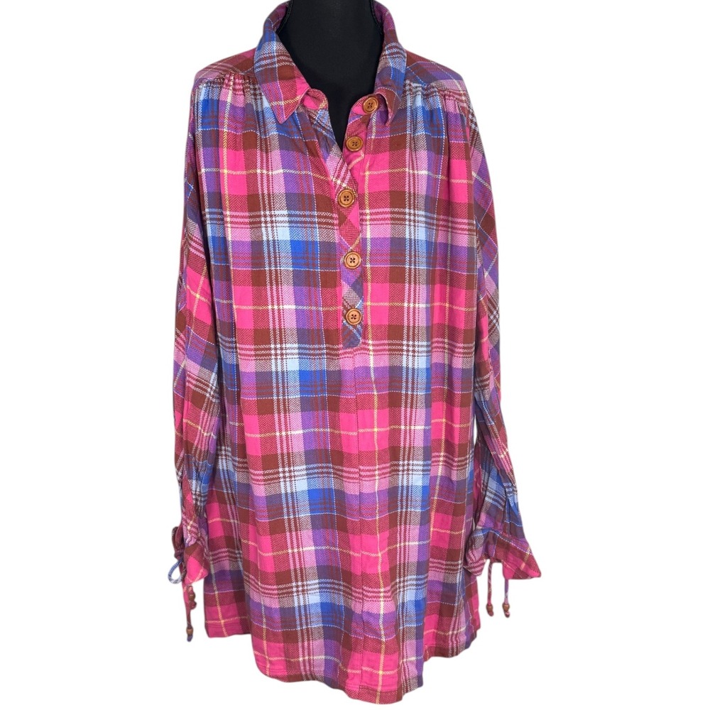 Free People Womens S Pink Blue Plaid Oversized Shirt Dress Tunic Tie Cuff